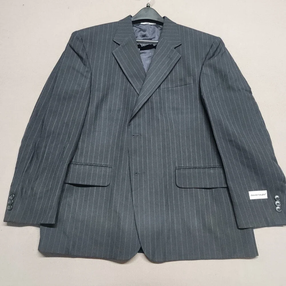 David Taylor 1963 Navy Stripe Suit Coat Mens 44 Short 55% Polyester 45% Wool